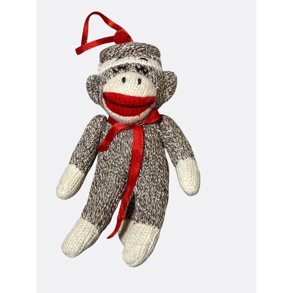 Knitted Sock Monkey Plush Ornament With Red Ribbon - Picture 3 of 10